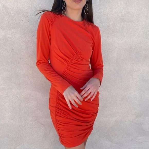 New ZARA Ruched Orange Bodycon dress - Picture 3 of 16